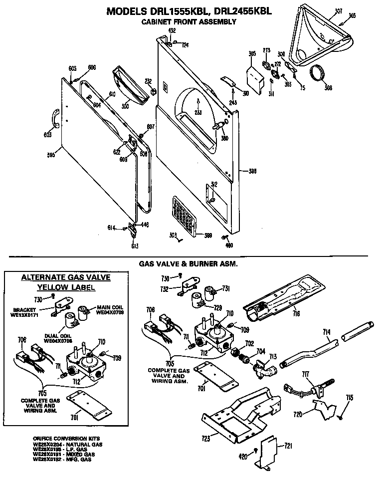 GE DRL2455KBL gas valve & burner asm. diagram
