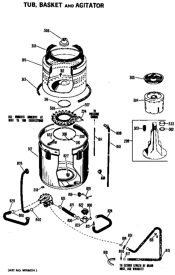 GE WWA8340VCL tub, basket and agitator diagram