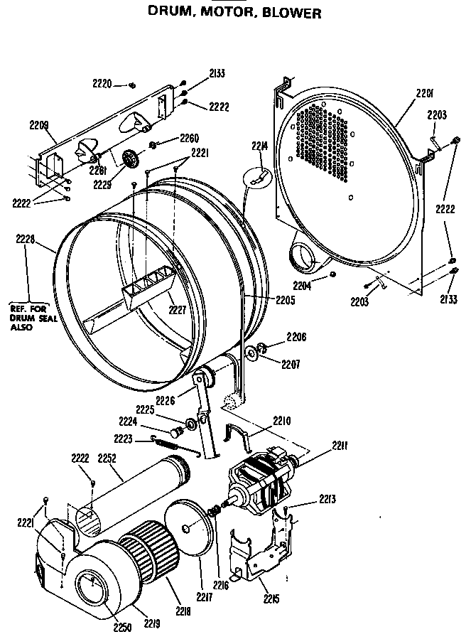 GE DDP1280CAW drum, motor, blower diagram