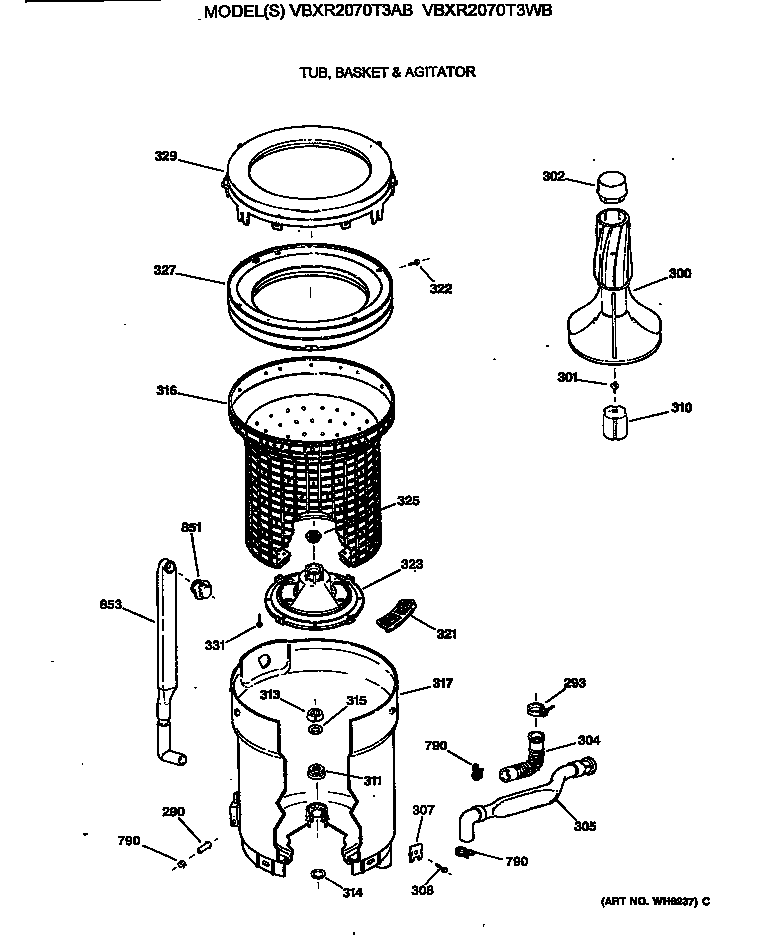 Hotpoint VBXR2070T3AB tub, basket & agitator diagram