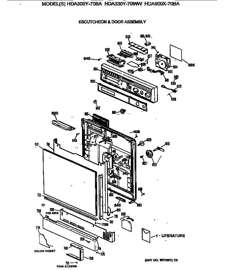 Hotpoint HDA330Y-70WW escutcheon & door assembly diagram