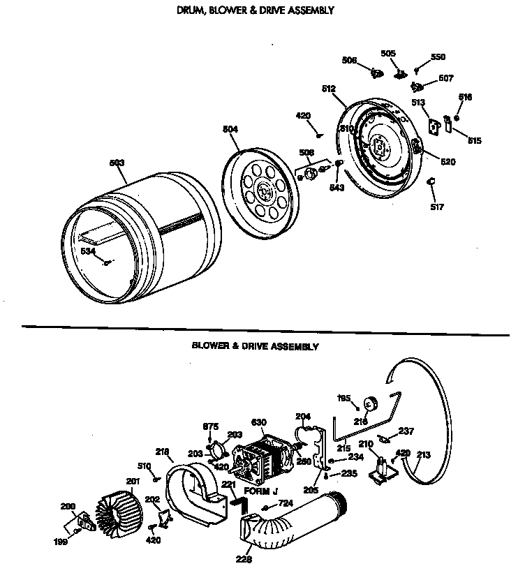 Hotpoint NJLR473ET0AB drum, blower & drive assembly diagram