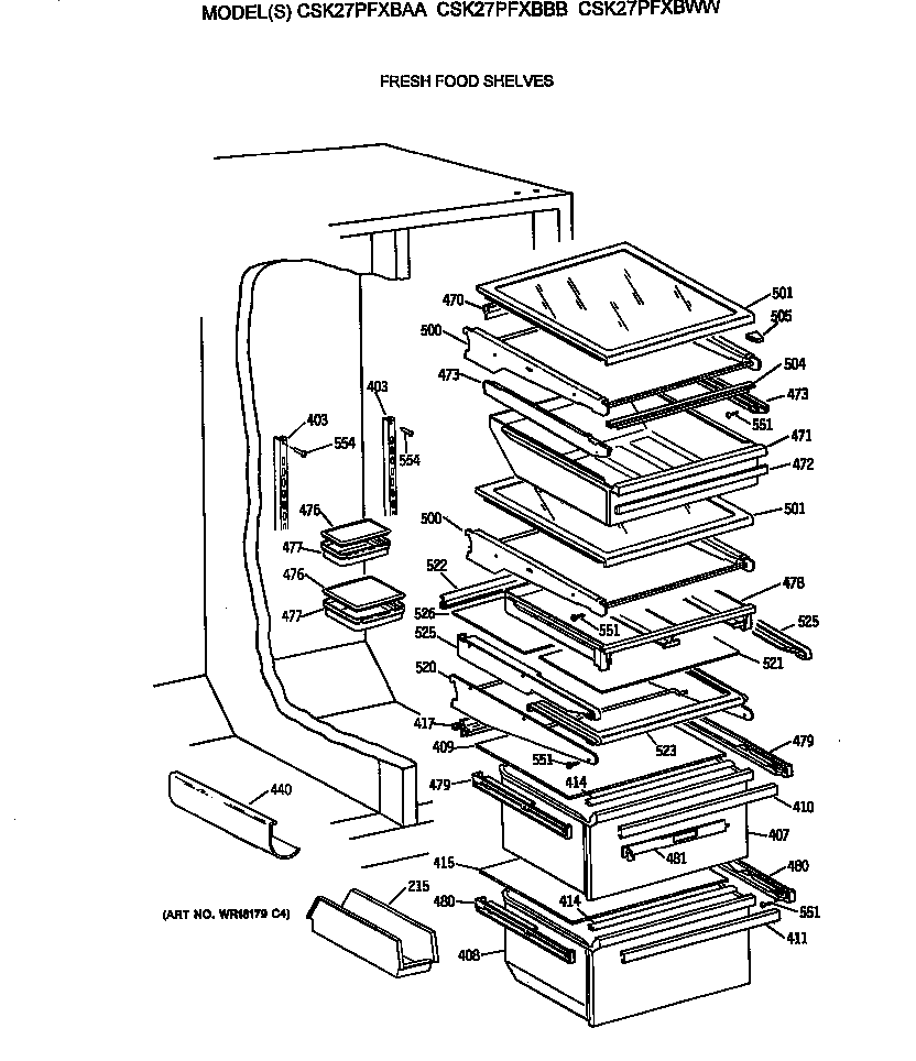 Hotpoint CSK27PFXBAA fresh food shelves diagram