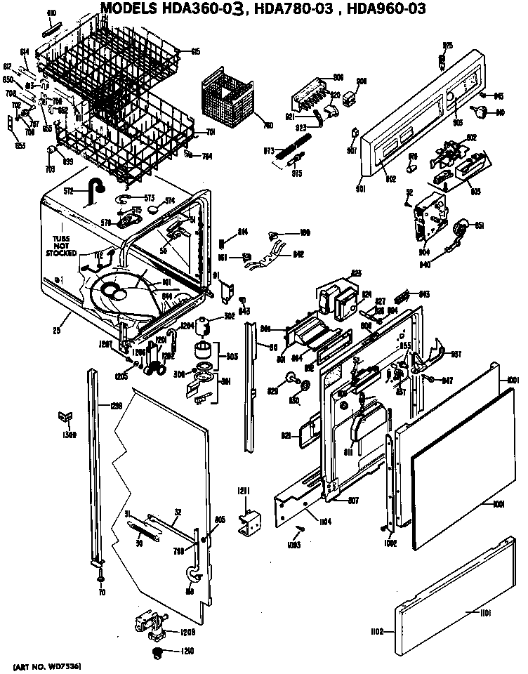 Hotpoint HDA360-03 tub/racks/door diagram