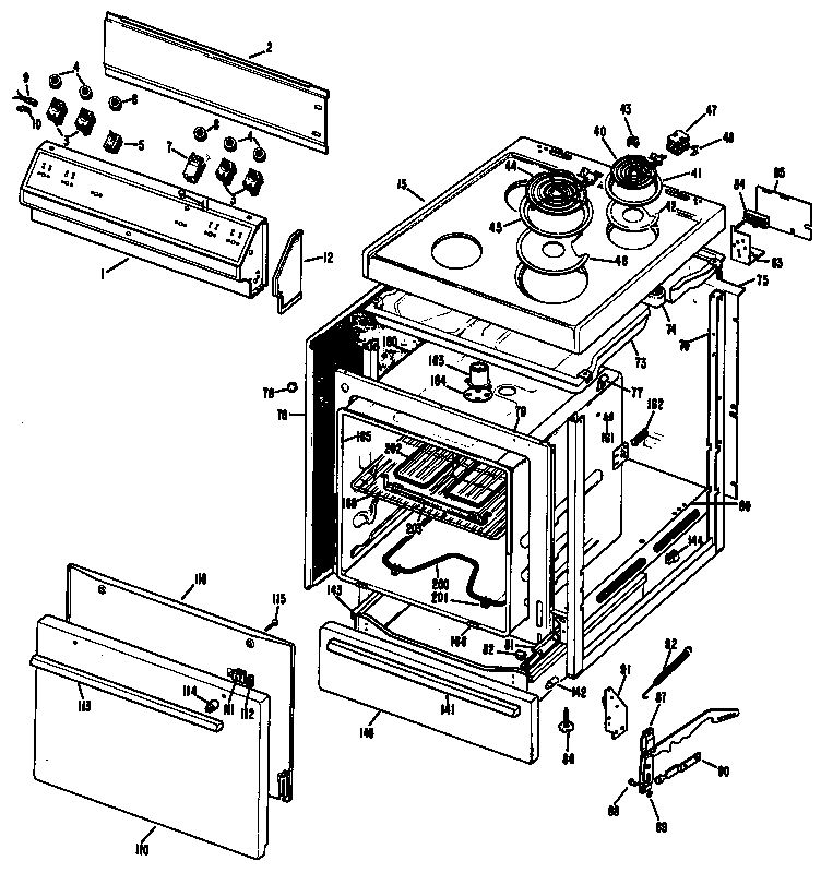 Hotpoint RB524*A1 cooktop/main body/door/controls diagram