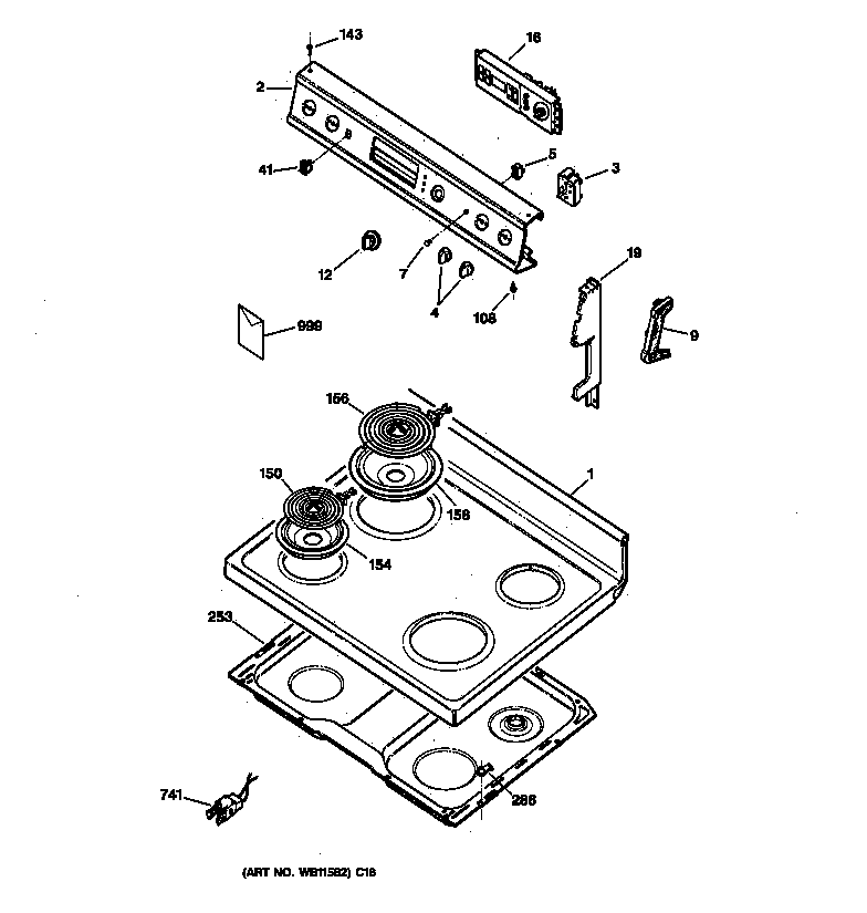 GE JBP19BB1 control panel & cooktop diagram