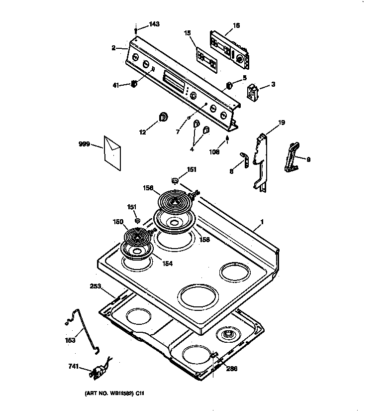 GE JBP46WIY4 control panel & cooktop diagram