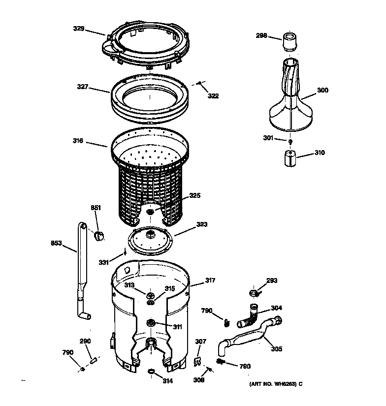 Hotpoint VBSR2080W0AA tub, basket & agitator diagram