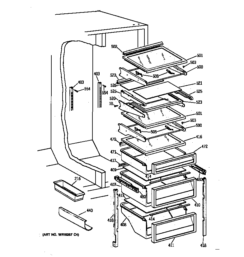 GE TPX21BRBCBB fresh food shelves diagram