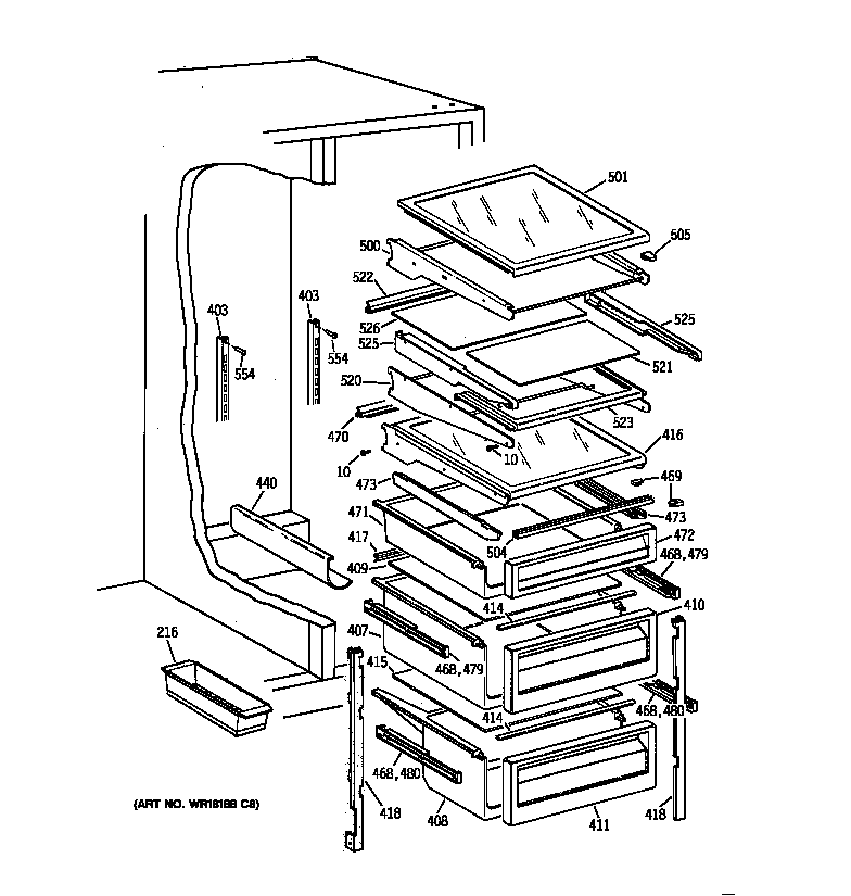 GE TFJ22PRBCWW fresh food shelves diagram
