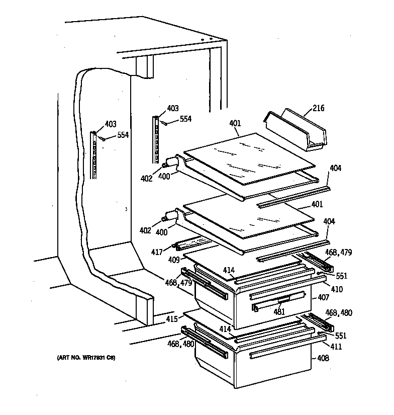 Hotpoint CSX22GABCWW fresh food shelves diagram