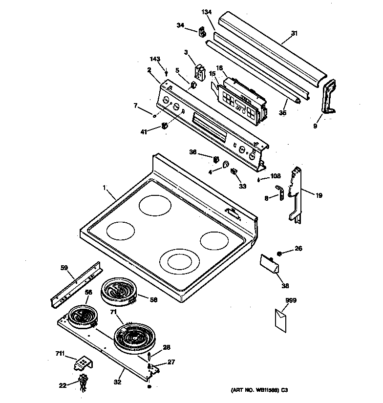 GE JBP90GW2 control panel & cooktop diagram