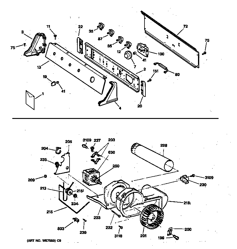 GE DWXR473ET3AA backsplash, blower & drive assembly diagram
