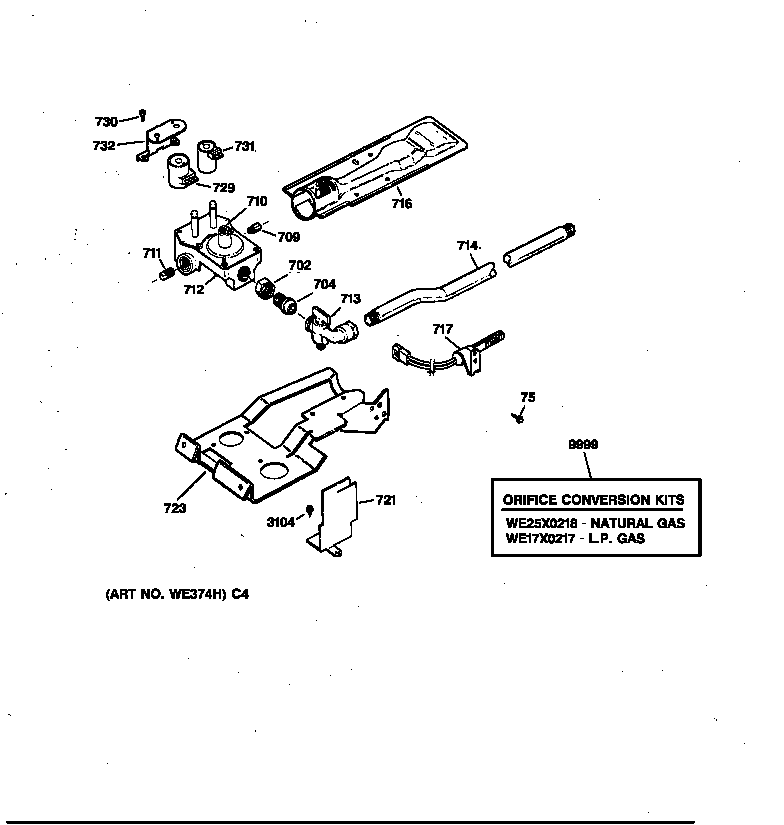 GE DBXR453GT3WB gas valve & burner assembly diagram