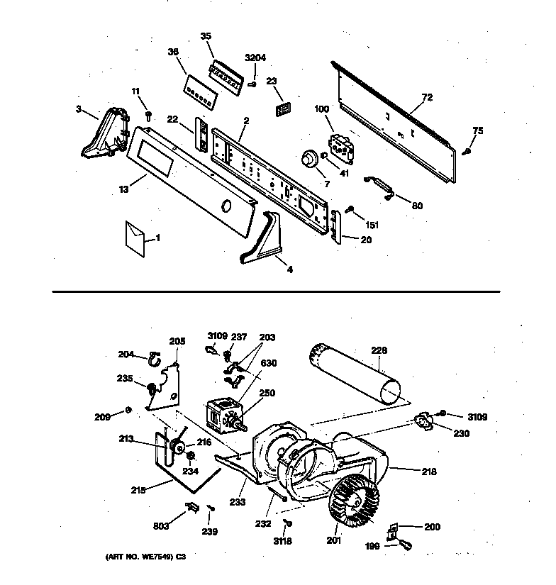 GE DPSQ495ET4AA backsplash, blower & drive assembly diagram