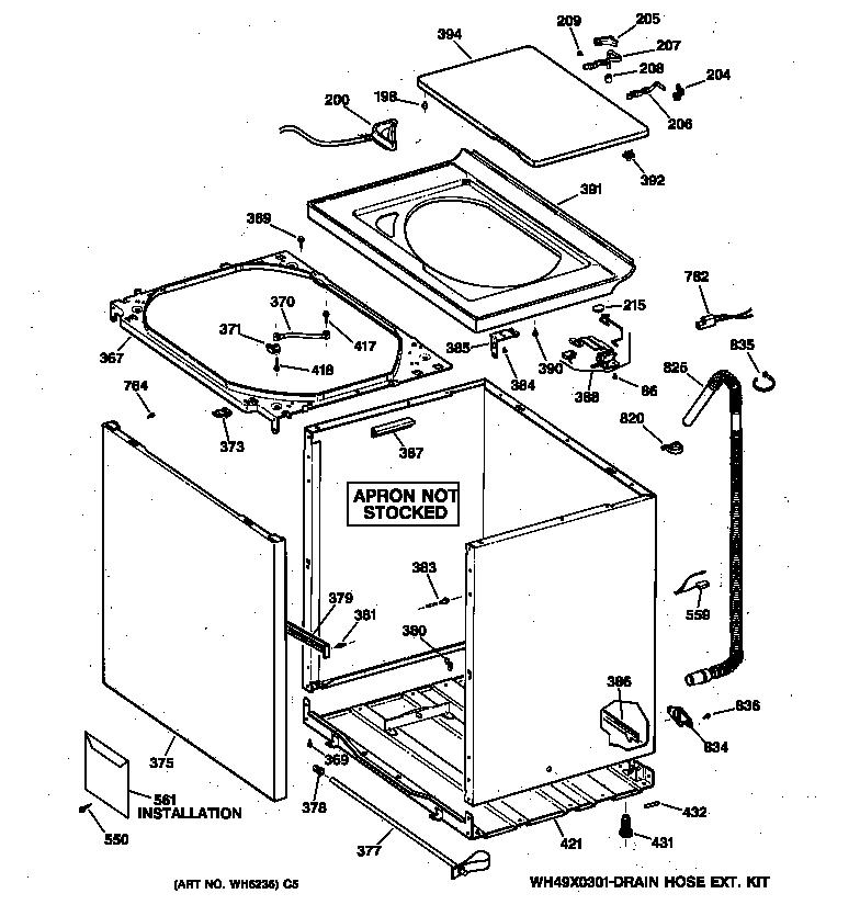 GE WNSR2100T6WW cabinet, cover & front panel diagram