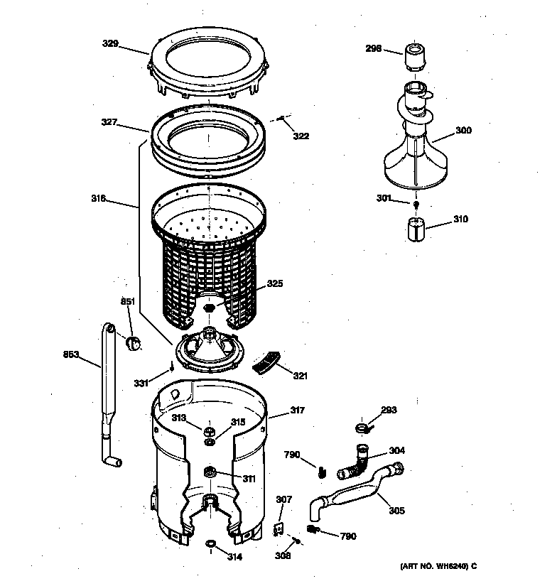 GE WNSR2100T6WW tub, basket & agitator diagram