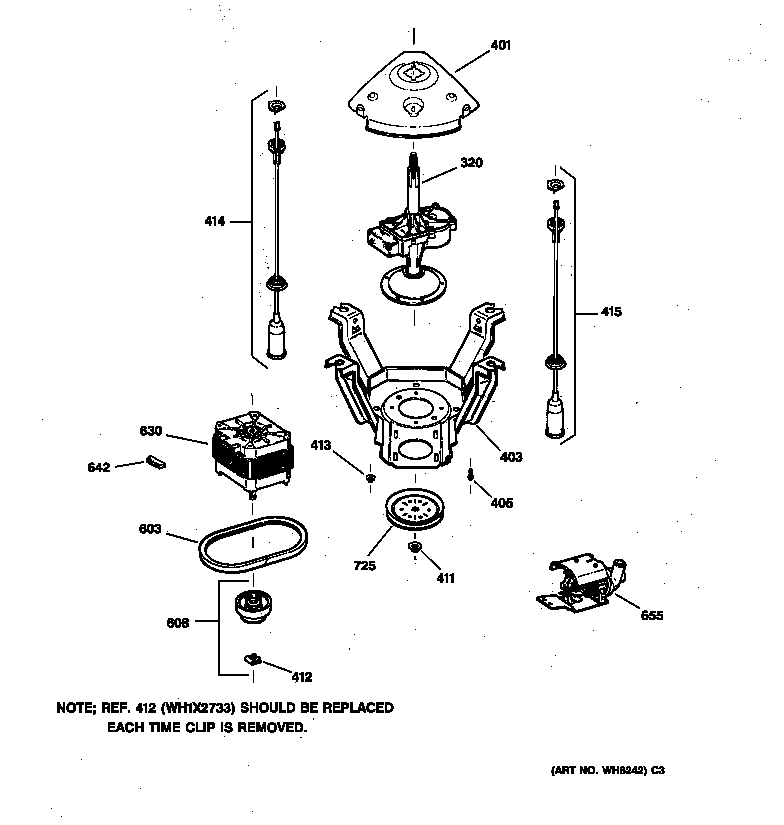 GE WNSR2100T6WW suspension, pump & drive components diagram