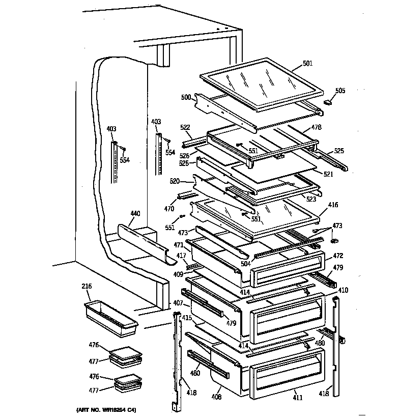 GE TFK27PFZBBB fresh food shelves diagram