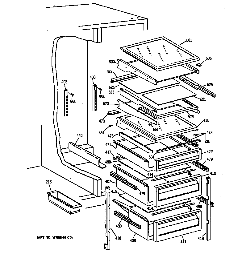 GE TFT27PRXFWW fresh food shelves diagram