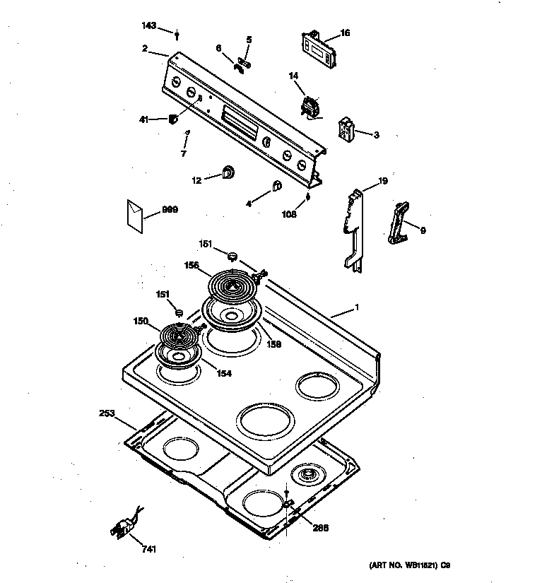 GE JBS26W3 control panel & cooktop diagram