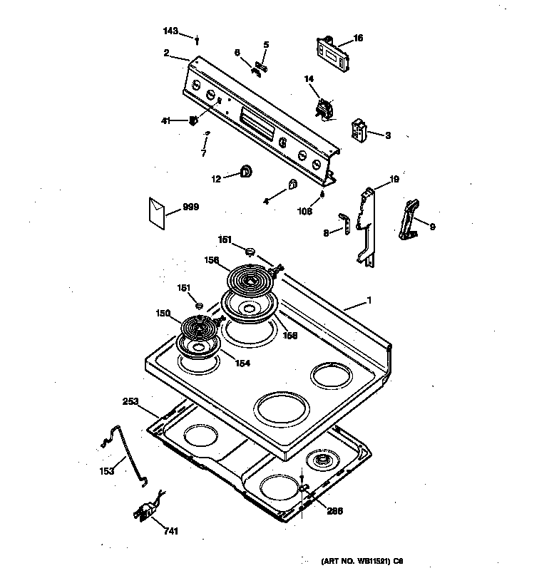 GE JBC27BY1 control panel & cooktop diagram