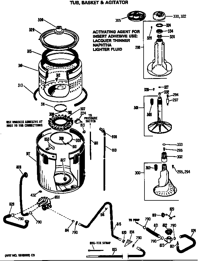 GE WWA8850SALWH tub, basket & agitator diagram