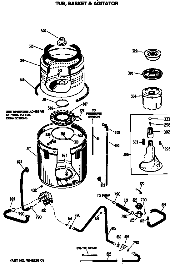 GE WWA9895SALAA tub, basket & agitator diagram