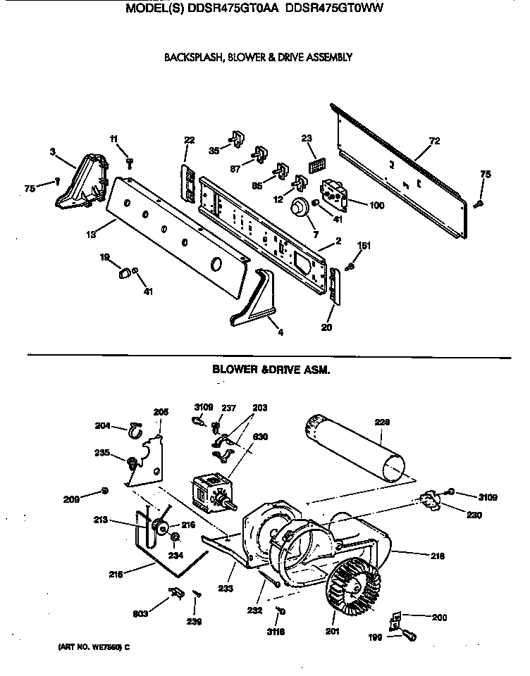 GE DDSR475GT0WW backsplash, blower & drive assembly diagram