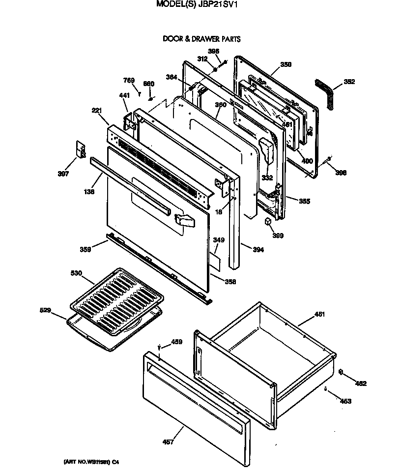 GE JBP21SV1 door & drawer parts diagram