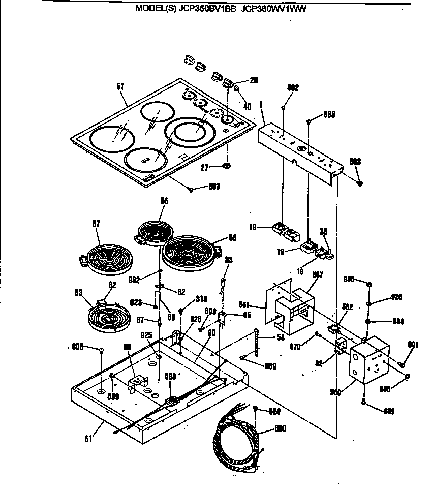 GE JCP360BV1BB cooktop diagram