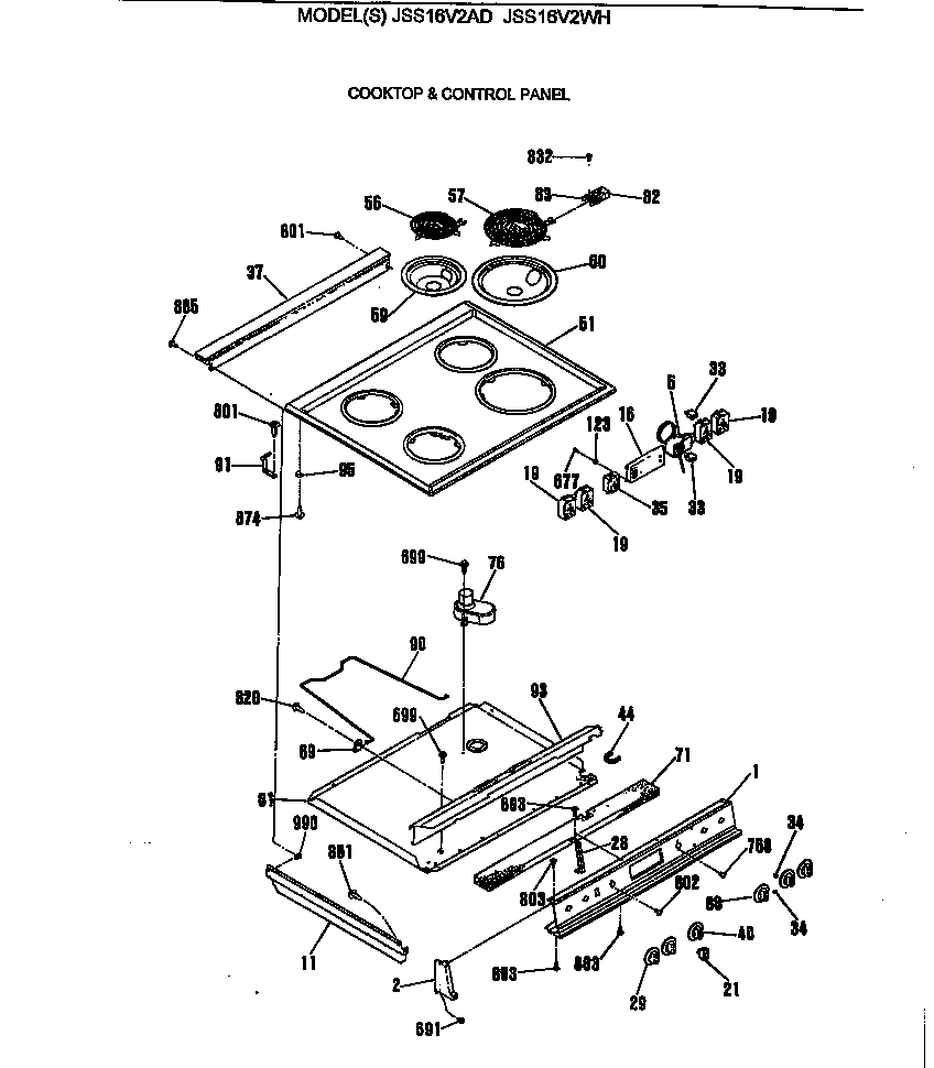 GE JSS16V2WH cooktop & control panel diagram