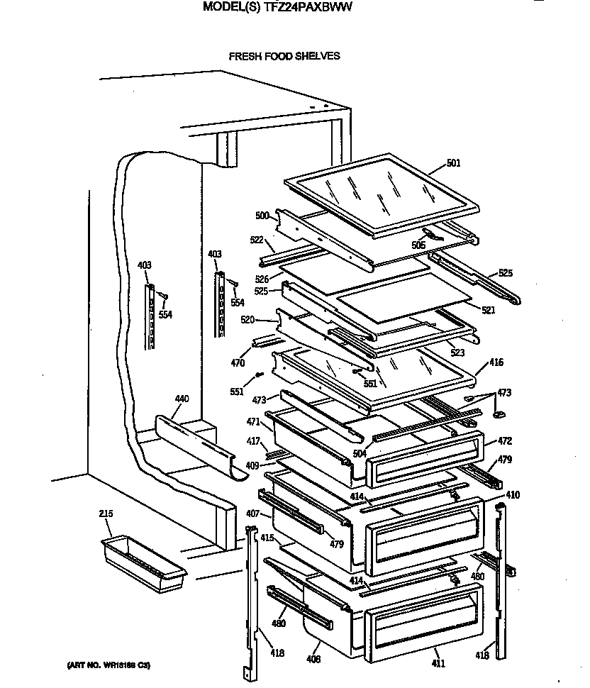 GE TFZ24PAXBWW fresh food shelves diagram