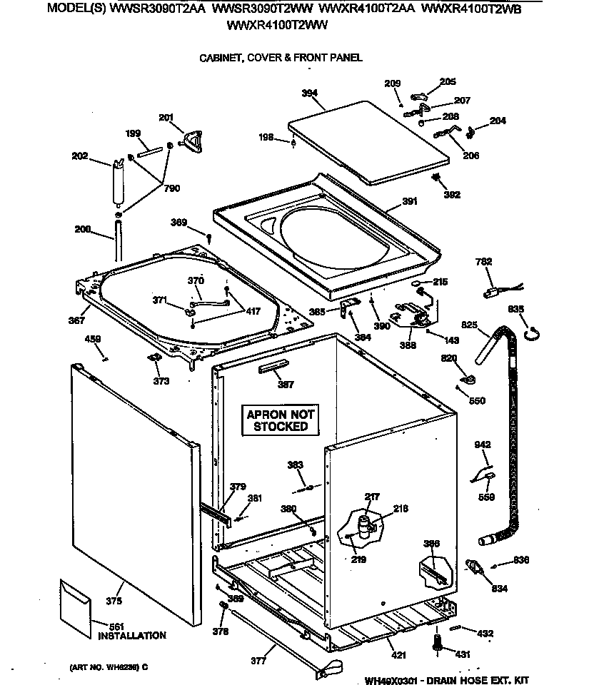 GE WWXR4100T2WW cabinet, cover & front panel diagram