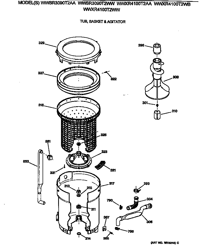 GE WWXR4100T2WW tub, basket & agitator diagram