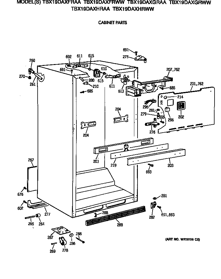 GE TBX19DAXGRWW cabinet parts diagram