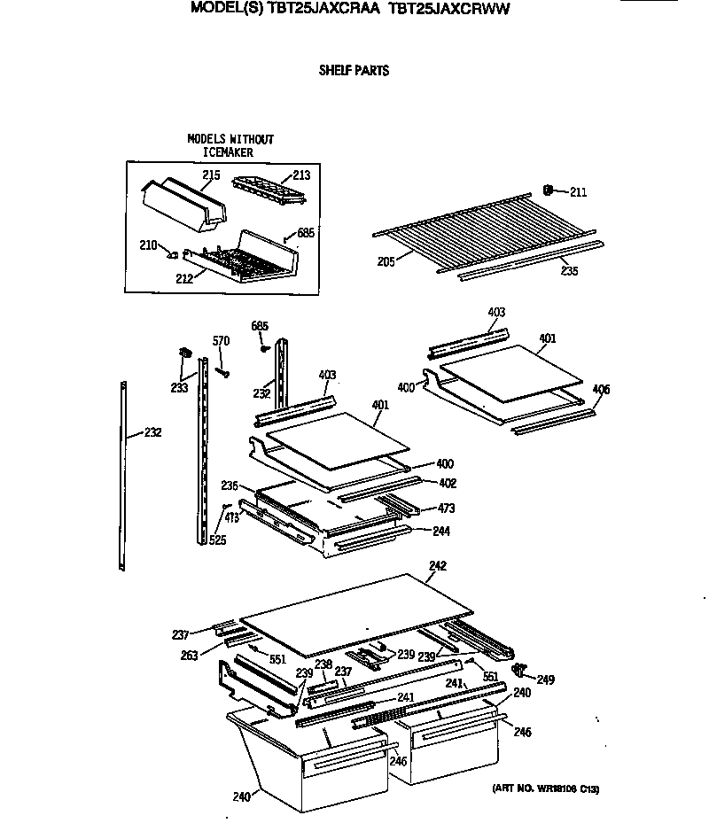 GE TBT25JAXCRWW shelf parts diagram