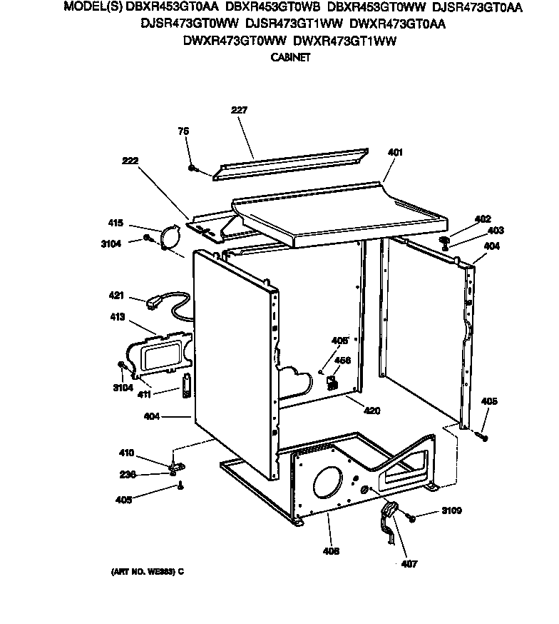 GE DBXR453GT0WB cabinet diagram