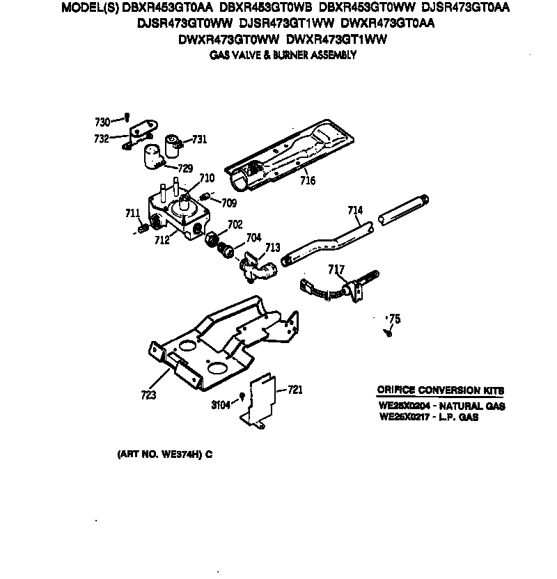 GE DBXR453GT0WB gas valve & burner assembly diagram