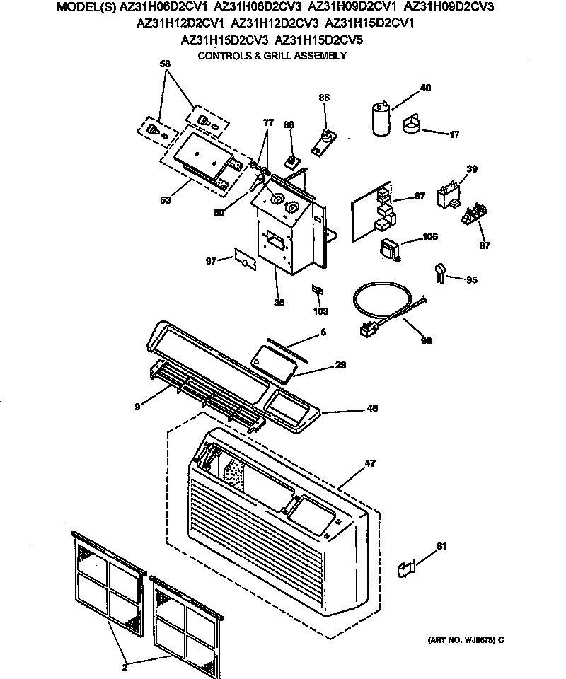 GE AZ31H12D2CV1 controls & grill assembly diagram