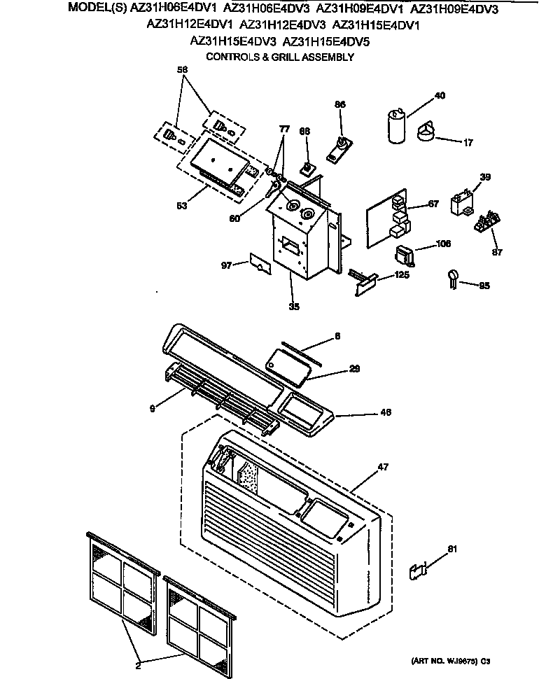GE AZ31H15E4DV1 controls & grill assembly diagram