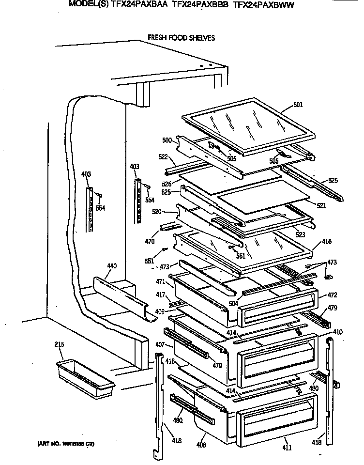 GE TFX24PAXBAA fresh food shelves diagram