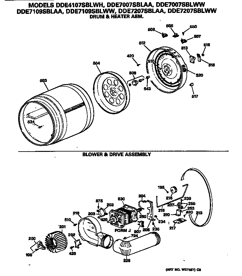GE DDE7207SBLAA blower & drive assembly diagram