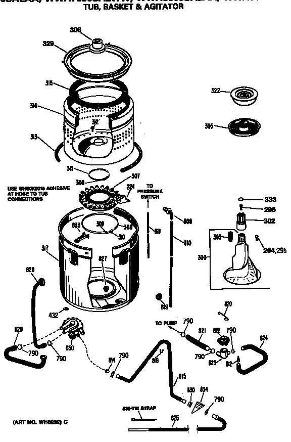 GE WWA6600SALAA tub, basket & agitator diagram