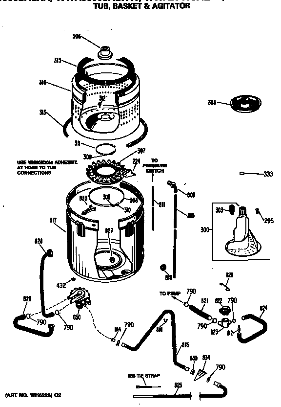 GE WWA3657SALHA tub, basket & agitator diagram