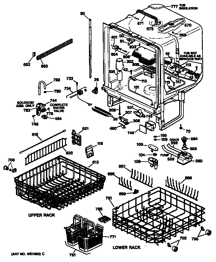 GE GSD2930T55WW tub/racks diagram