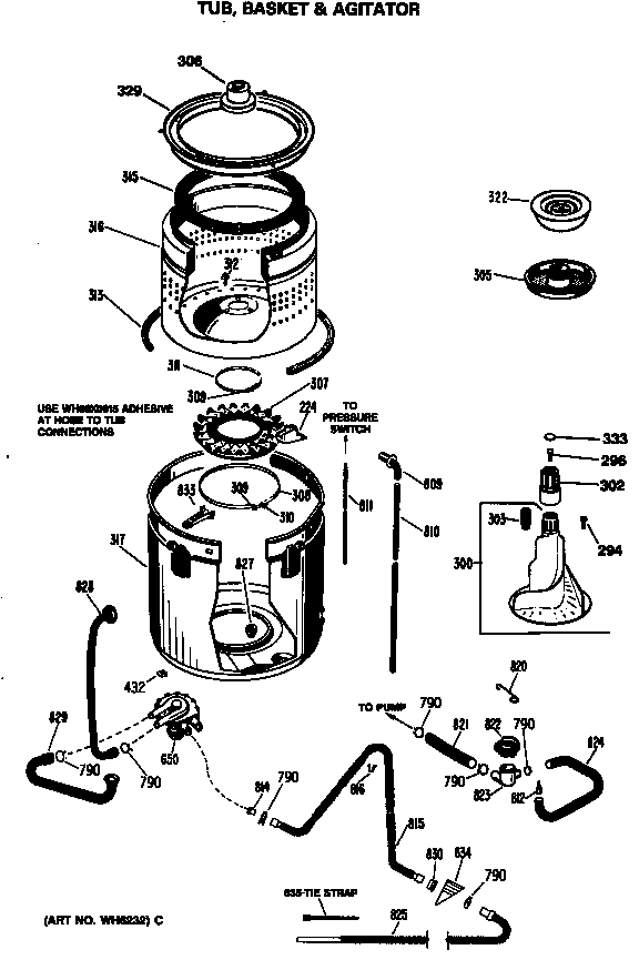 GE WWA8650SALAA tub, basket & agitator diagram