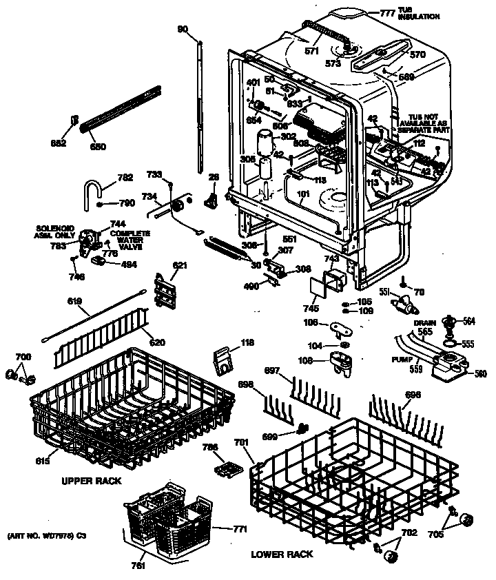 GE GSD1930T60WW tub/racks diagram