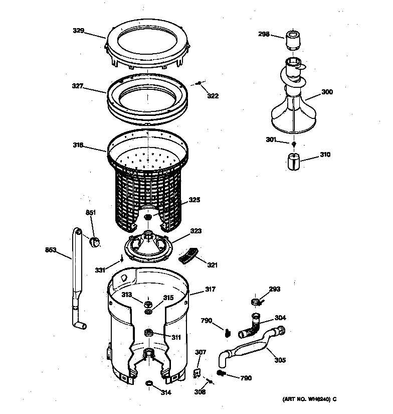GE WJXR2080T5AA tub, basket & agitator diagram