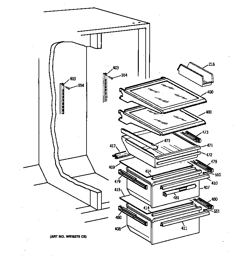 GE TFK27ZRXEAA fresh food shelves diagram